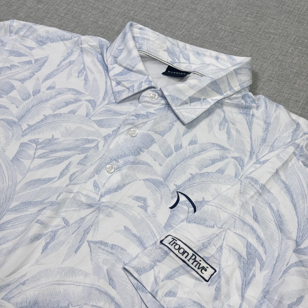 Dunning Palm Leaf Print Golf Polo Shirt Mens L White Floral Polyester Spandex